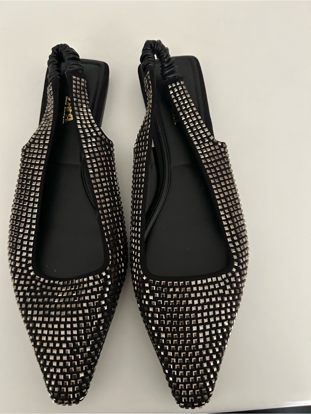 Zara Black Embellished Pointed-Toe Slingback Flats